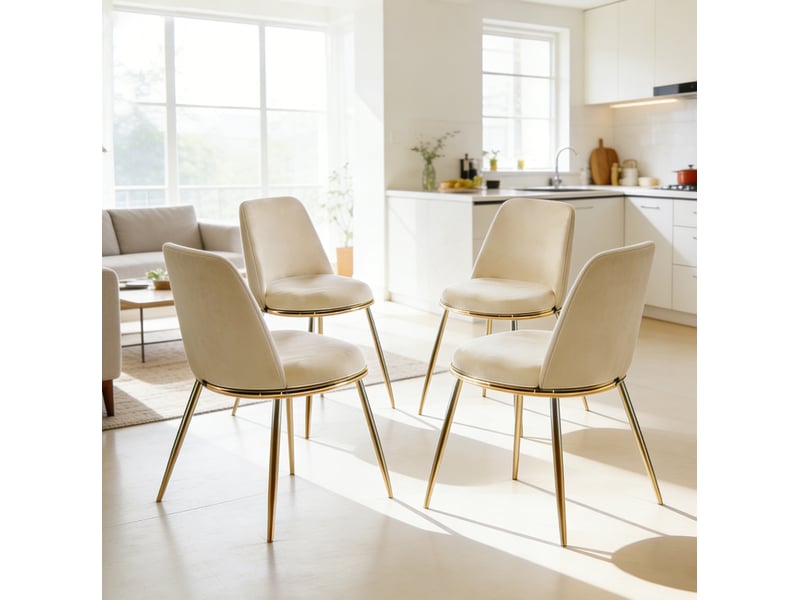  Lot de 5 ensemble table ronde et 4 chaises en velours blanc crème, verre transparent et métal doré chic  - Conforama E