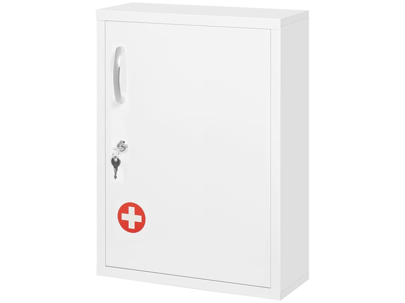  Armoire à pharmacie à 3 niveaux, armoire de premiers secours avec serrure et 2 clés pour cuisine et salle de bain, 40 x 15 x 53,5 cm, blanche  - Conforama B