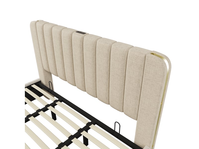  Lit 180x200 cm en lin avec rangement hydraulique, usb et usb-c beige chicfurn  - Conforama E