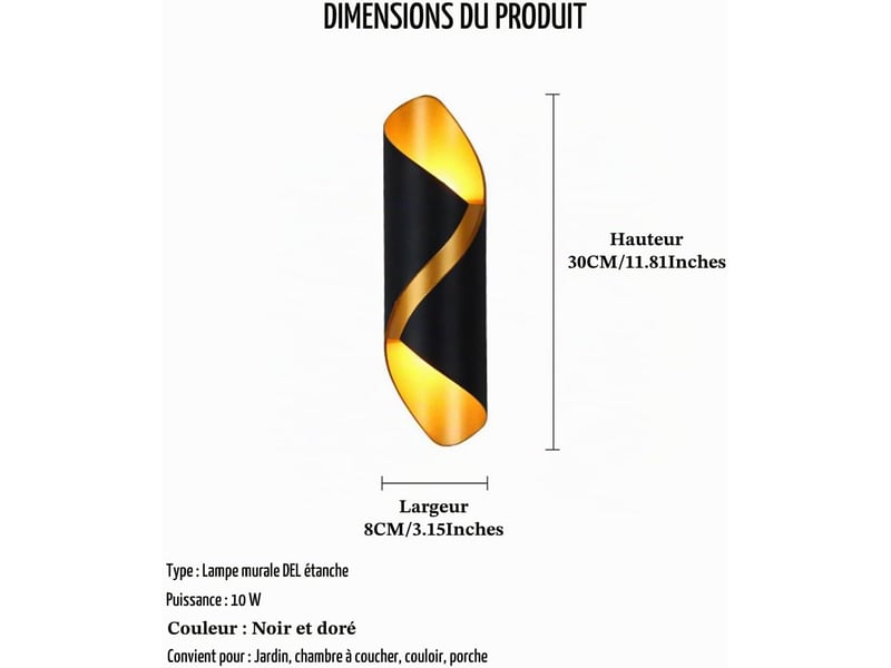  Applique murale led en métal 3000k blanc chaud moderne de lampe 10w spirale  - Conforama D
