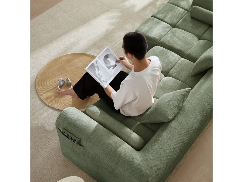  Canapé d'angle vert 4 places en tissu chenille doux - 263 cm - assise ergonomique et poche latérale  - Conforama E