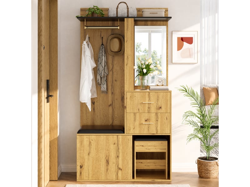  Vestiaire d'entrée 100x40x172,5 cm avec banc à chaussures, coiffeuse miroir led via appli, penderie, 2 tiroirs et tabouret escamotable  - Conforama B