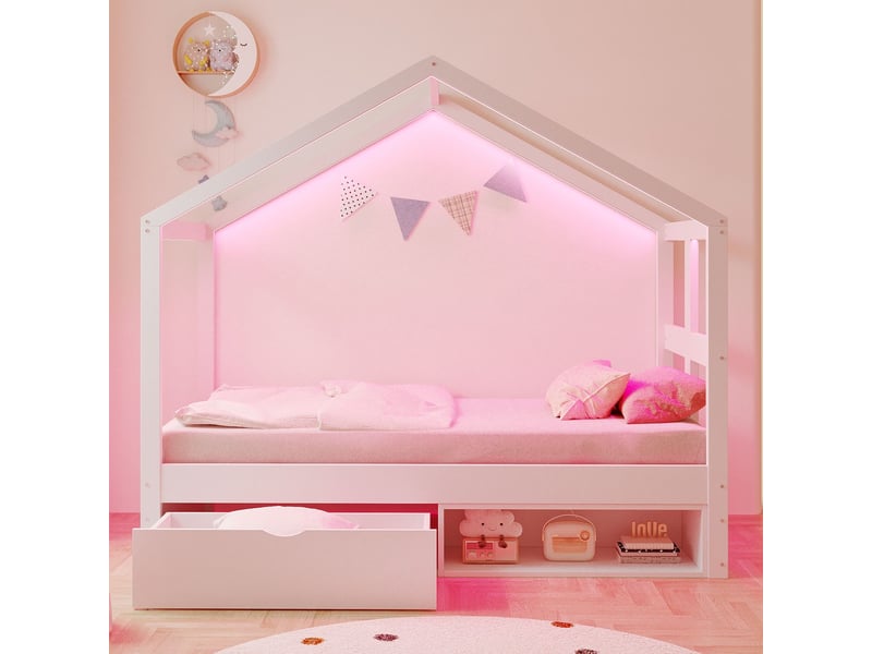  Lit simple 90 x 190 cm rangement tiroirs de rangement petit meuble à chaussures éclairage led multicolore cadre en bois lit juvénile blanc  - Conforama B