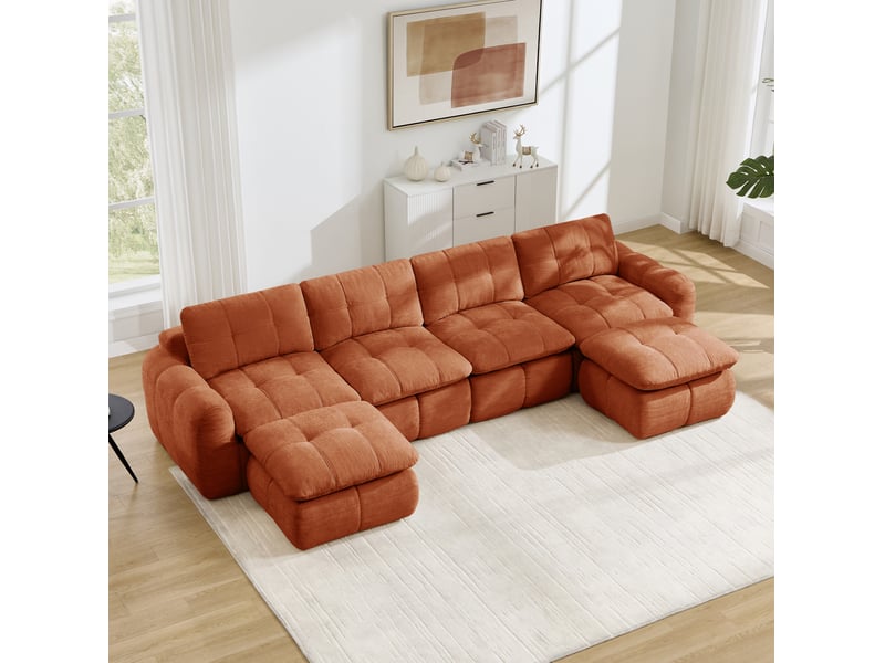  Canapé panoramique en u modulable 4 places avec 2 poufs, sans cadre, en chenille orange, 334 × 160 × 68 cm  - Conforama D