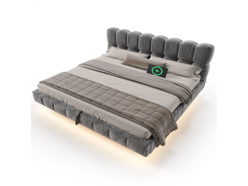 Lit coffre bubble en chenille gris 180x200 cm avec led, usb et type-c Fay Lum - Conforama A