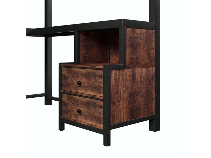  Lit mezzanine en métal 140x200 cm, bureau intégré, led, ports usb, lit enfantado, 2 tiroirs, mdf, noir et effet bois brun Seren Glow - Conforama E