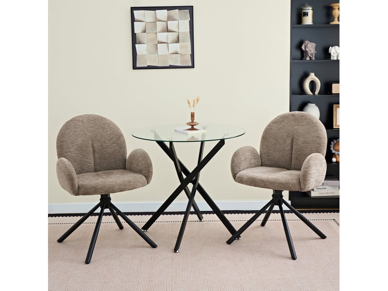  Lot de 2 chaises de salle à manger pivotantes avec accoudoirs 53,5x52x86,5 cm, cadre métallique, tissu chenille noir taupe  - Conforama E