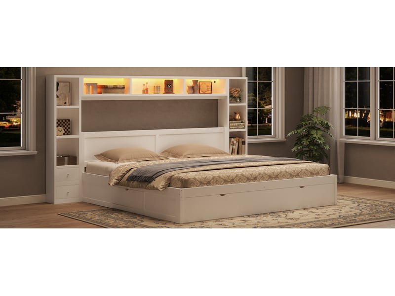  Lit adulte 180 x 200 cm, cadre de lit avec rangement, 7 tiroirs, étagères ouvertes, éclairage led, tête de lit, contreplaqué, blanc Morn Vibe - Conforama E