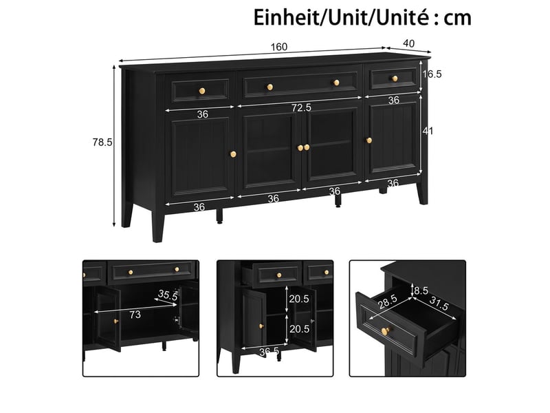  Commode à 4 portes et 3 tiroirs, 160 x 40 x 78,5 cm, buffet mdf, façades en verre, poignées métalliques et led intelligente, noir  - Conforama C