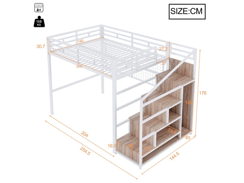 Lit mezzanine, 140x200 cm, avec éclairage led 7 couleurs, armoire-échelle, espace ouvert sous le lit, métal, blanc sans matelas - Conforama C