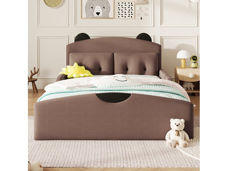  Lit plateforme 140x200 cm, tête de lit ours rembourrée, 2 coussins, mdf et lin, marron café, sans matelas  - Conforama D