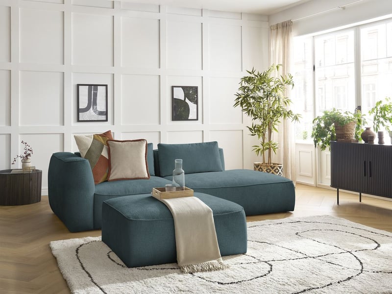  Bobochic canapé droit fixe 3 places leopold tissu texturé avec pouf bleu foncé  accoudoir gauche LEOPOLD - Conforama B