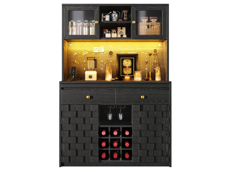  Vitrine éclairage led meuble de rangement étagères réglables façade acrylique poignées dissimulées panneau perforé porte-bouteilles à vin prises de recharge usb  - Conforama C