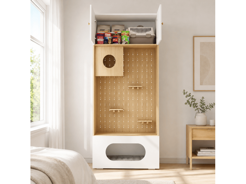  Meuble de rangement multifonction 90x50x202 cm, 2 portes, niches, panneaux de particules, blanc et bois clair  - Conforama B