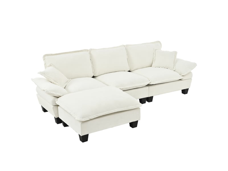Canapé d'angle modulable en l beige 263 cm avec ottomane amovible et revêtement chenille - Conforama A