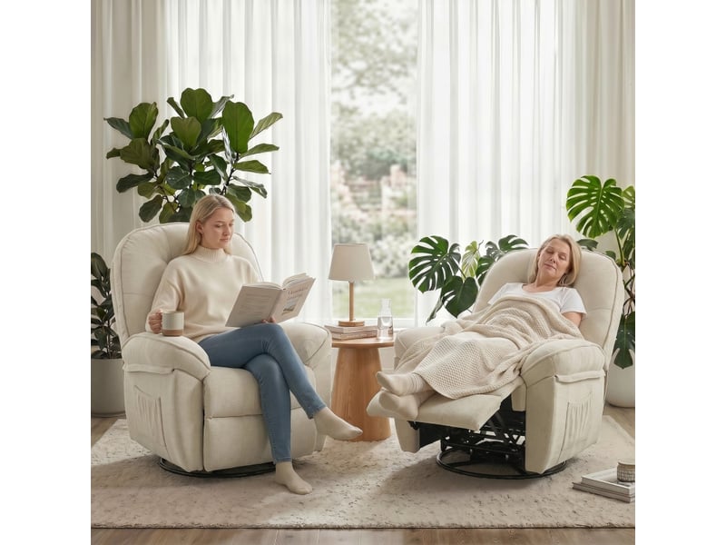  Fauteuil relax pivotant à 360 degrés, chenille blanc crème, dossier inclinable à 145°, repose-pieds et bascule pour le salon  - Conforama B
