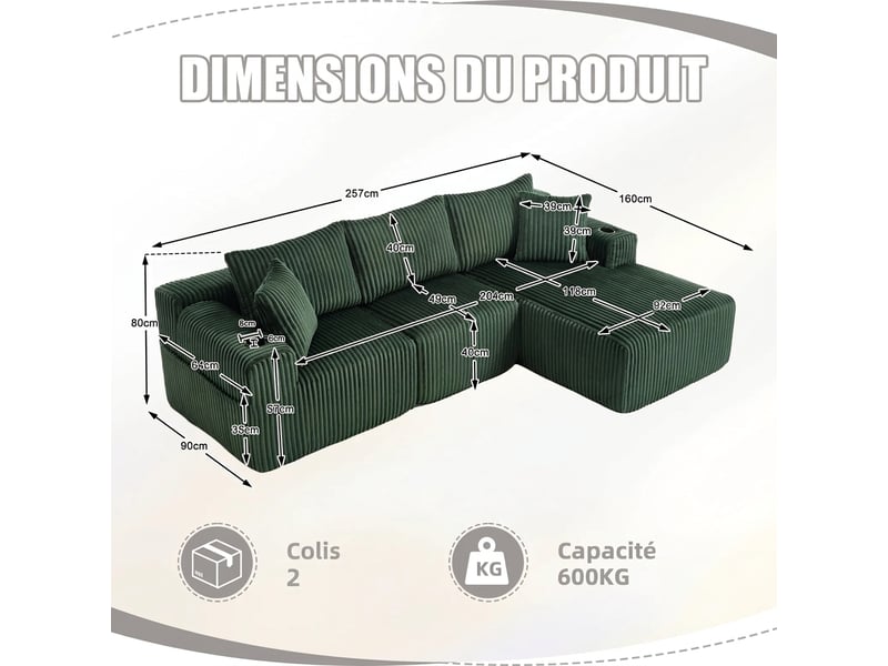  Canapé modulable velours côtelé 3 places avec méridienne - vert émeraude, mousse haute densité, 257x160cm  - Conforama C