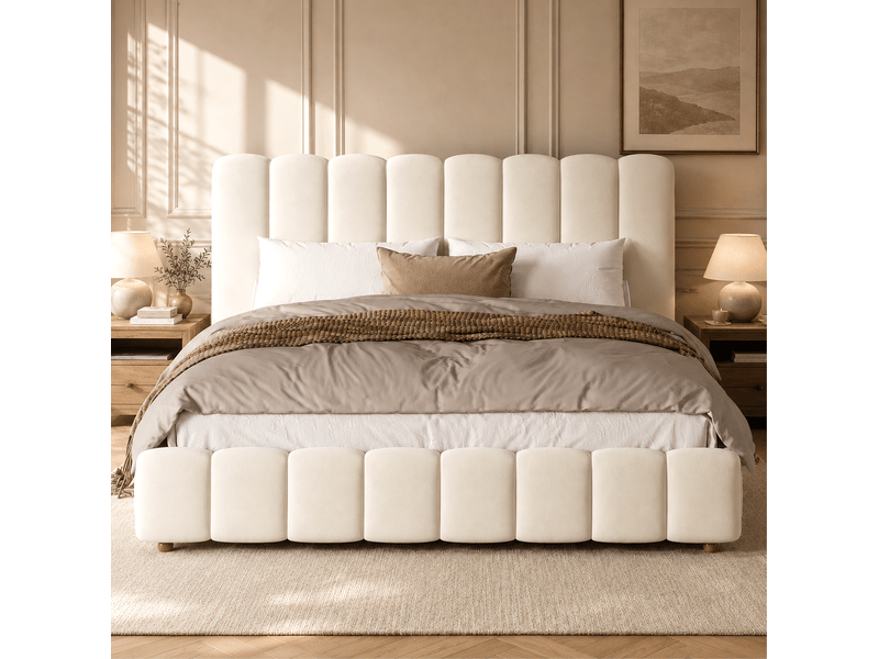  Lit coffre tcqpz 160 x 200 cm hydraulique avec sommier à lattes tête de lit velours beige  - Conforama D