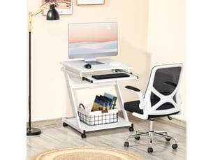Bureau informatique roulant - bureau mobile - table d'ordinateur - tablette coulissante clavier + étagère - blanc