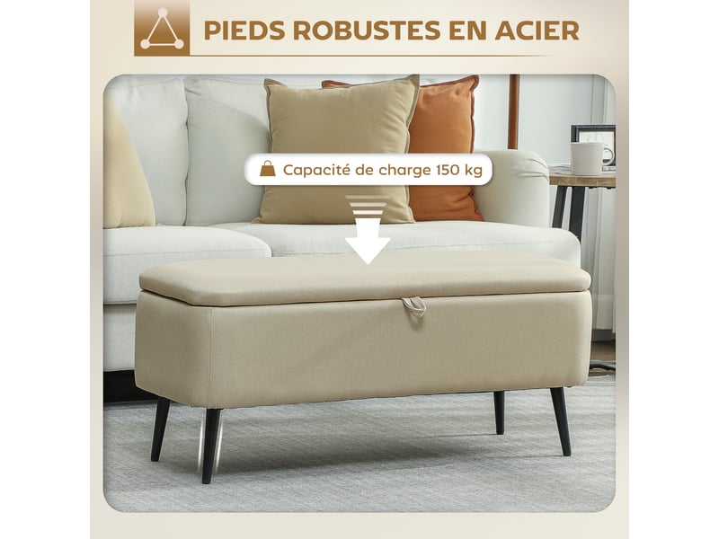  Banc banquette coffre de rangement 2 en 1 en tissu avec pieds en acier noir beige 102 x 40 x 39,5 cm  - Conforama E
