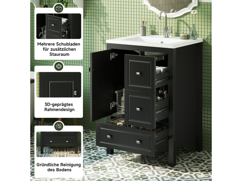 Meuble vasque mdf et céramique 62×47×90 cm, finition laquée, 3 tiroirs silencieux et 1 porte à fermeture amortie - Conforama D