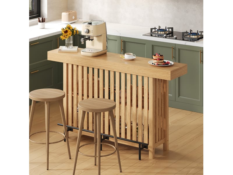  Table de salle à manger haute avec 2 étagères et repose-pieds, pour cuisine et bar, mdf naturel, 160 × 40 × 105 cm  - Conforama D