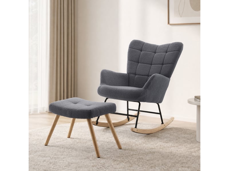  Fauteuil à bascule 91 cm avec repose-pieds, structure en métal sherpa gris  - Conforama D
