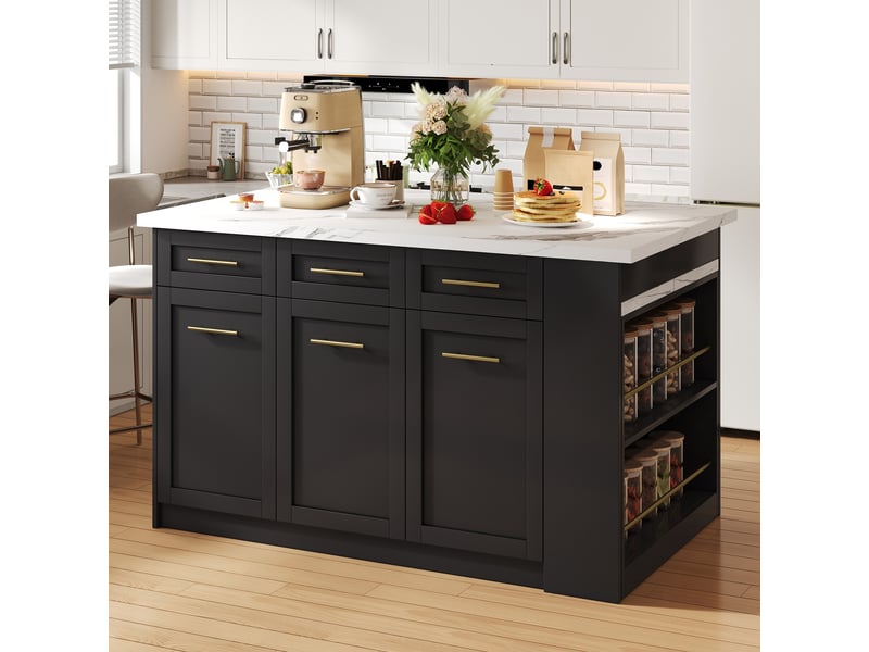  Îlot de cuisine avec table escamotable, îlot central noir et blanc en mdf, plateau effet marbre blanc, rangements intégrés, 150x90x90 cm  - Conforama E