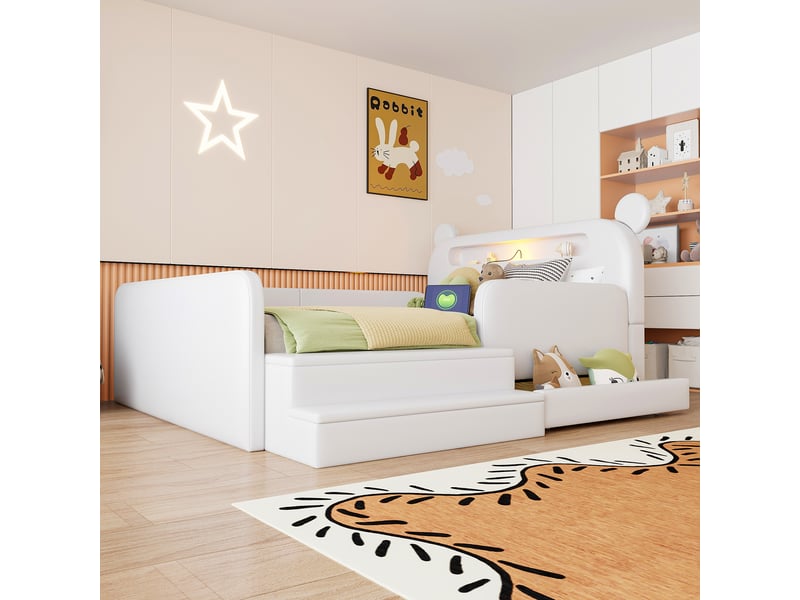 Lit enfant 140x200 cm blanc en similicuir avec tête de lit ours, veilleuse, usb et rangement - Conforama E