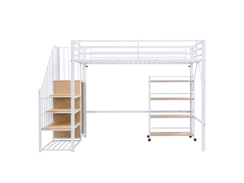  Lit mezzanine enfant 90x200 cm, barrière de sécurité, armoire ouverte, étagère, métal, blanc, sans matelas  - Conforama D