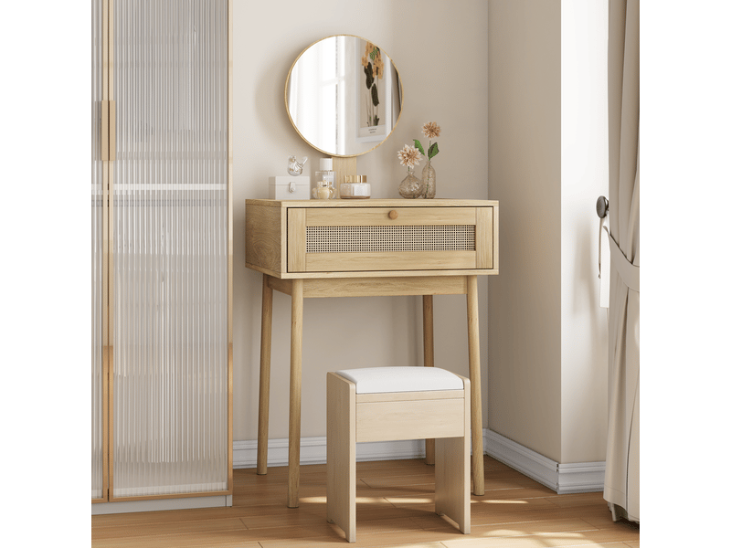  Petite coiffeuse avec miroir rond 60x50x128cm rangement | style bohème bois clair et cannage | 1 tiroir montage facile - bois naturel  - Conforama C