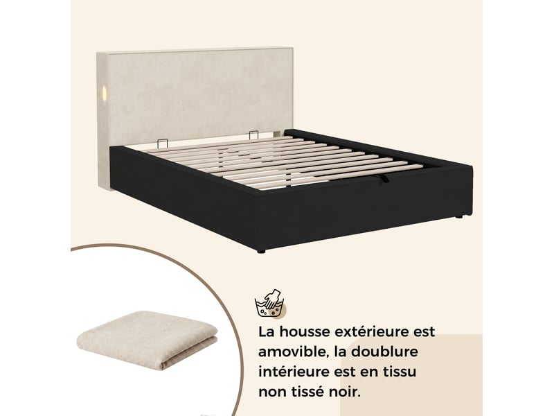  Lit coffre 120x200 cm, 220x133x88 cm, sommier à lattes inclus, rangement hydraulique, chenille beige, sans matelas  - Conforama E