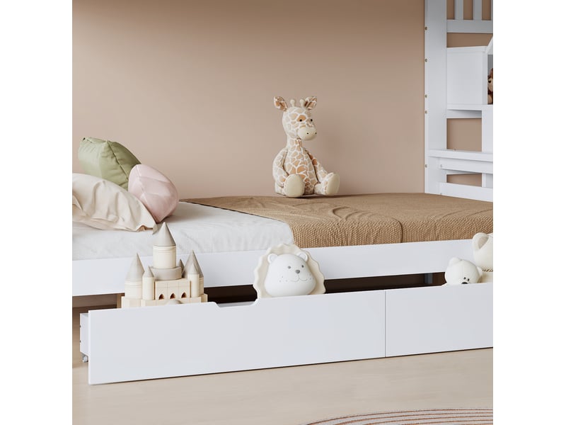  Lit superposé enfant 90x200 et 120x200 cm, 2 tiroirs, escalier, blanc et naturel  - Conforama D