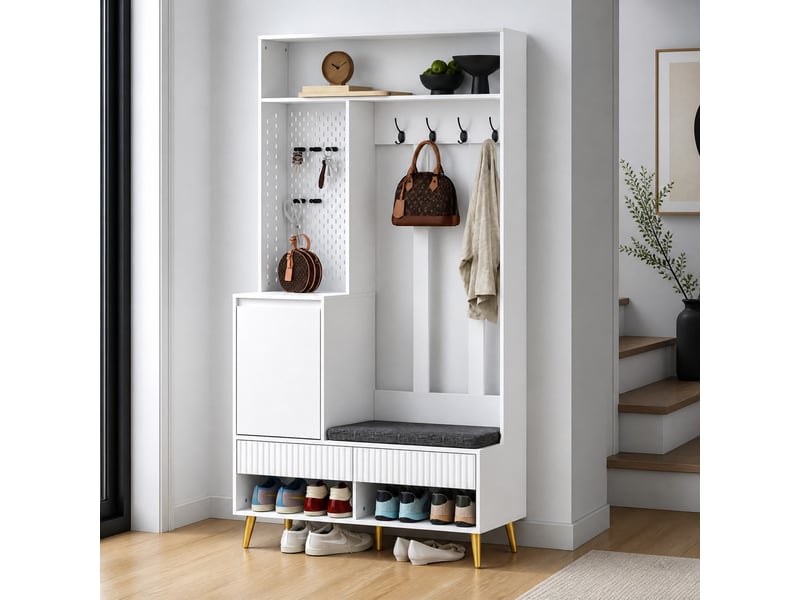  Meubles d'entrée 6 en 1 avec 1 porte, 2 tiroirs, 4 patères et banc pour couloir en mdf blanc 100 × 35 × 180 cm  - Conforama B