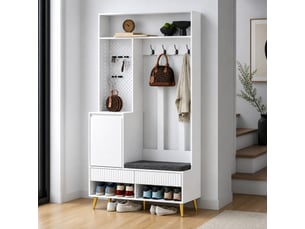Meubles d'entrée 6 en 1 avec 1 porte, 2 tiroirs, 4 patères et banc pour couloir en mdf blanc 100 × 35 × 180 cm