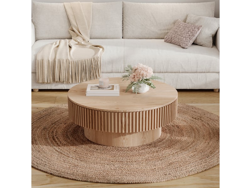 Table basse ronde avec coffre et décor cannelé bois naturel 75 × 75 × 35 cm IKSETERA TRADING LTD - Conforama W