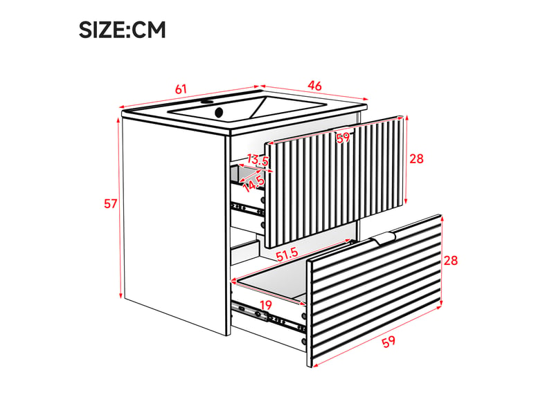  Meuble sous vasque suspendu avec lavabo intégré et 2 tiroirs silencieux, finition laquée blanche 61 × 46 × 57 cm  - Conforama C
