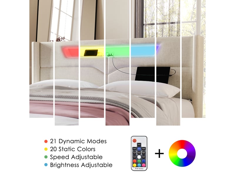  Lit coffre,160x200 cm,avec led et usb type-c,lin,beige  - Conforama E