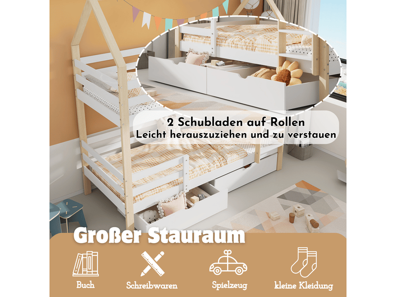  Lit enfant superposé 90x200 cm avec sommier à lattes, blanc + couleur bûche, lit superposé pour enfants avec tiroirs extra larges  - Conforama E