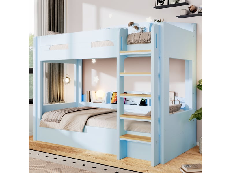  Lit superposé avec lit gigogne et prise usb rangements bois massif et mdf 90x200 cm bleu clair Sol Morn - Conforama E