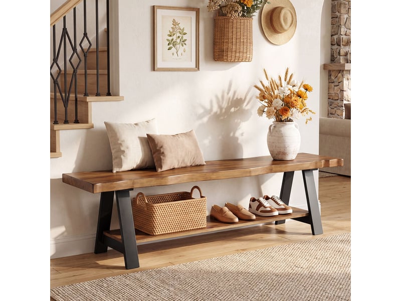  Banc à chaussures en bois massif avec bord naturel et 2 étagères, 160 cm, pour l'entrée  - Conforama B