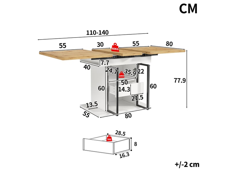 Table à manger extensible 110-140 x 80 cm avec rangement, led rgb via application, 2 tiroirs, portes coulissantes vitrées, structure blanche - Conforama E