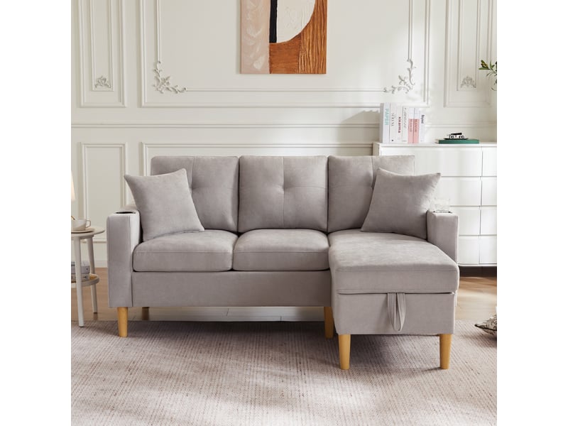Canapé 3 places avec méridienne réversible - gris clair aspect lin avec coffre et porte-gobelets - Conforama B
