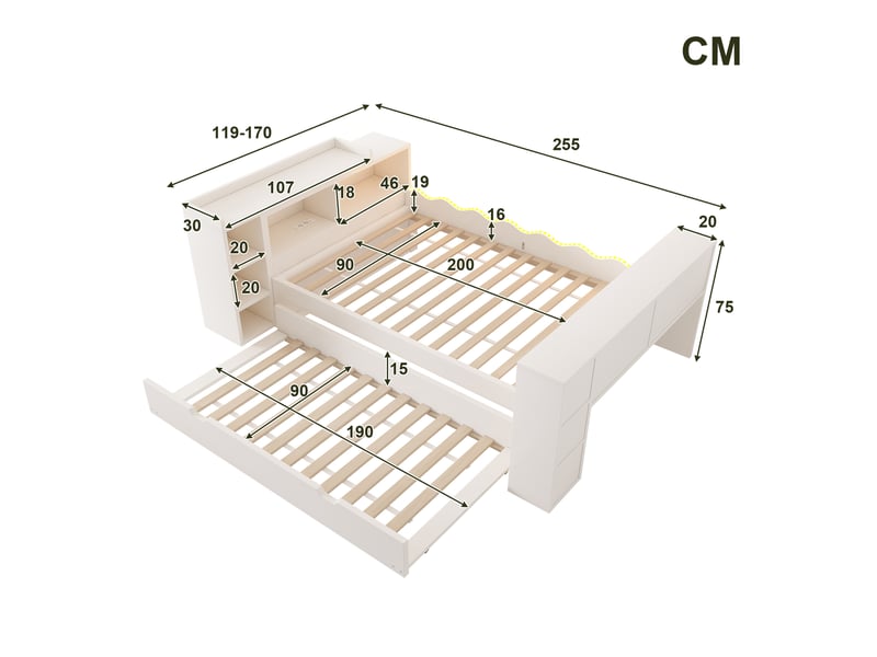 Lit enfant 90 x 200 cm avec lit gigogne 90 x 190 cm, bureau coulissant, rangements, led et station de charge, bois, blanc OMNIGLINT TRADING LTD - Conforama D