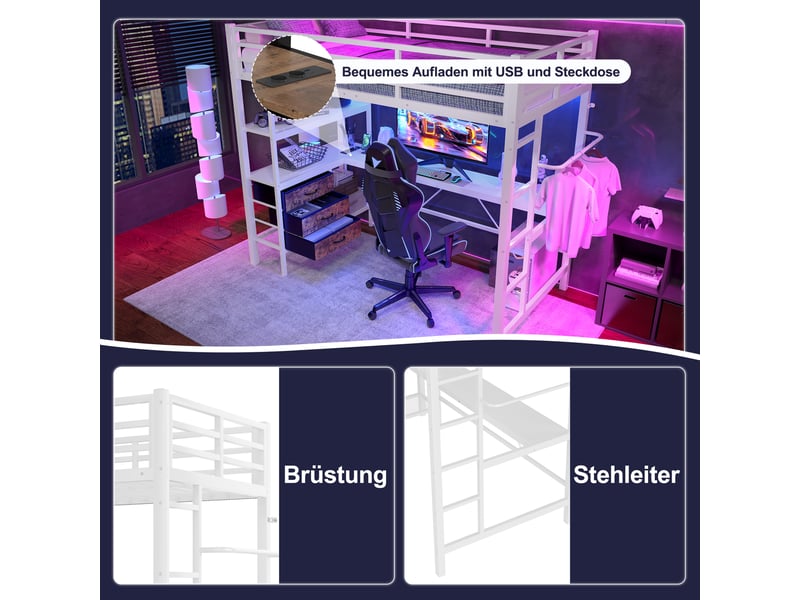  Lit mezzanine enfant 90x200 cm, led, tiroirs, bureau, charge, étagère, sommier, métal blanc, sans matelas  - Conforama D