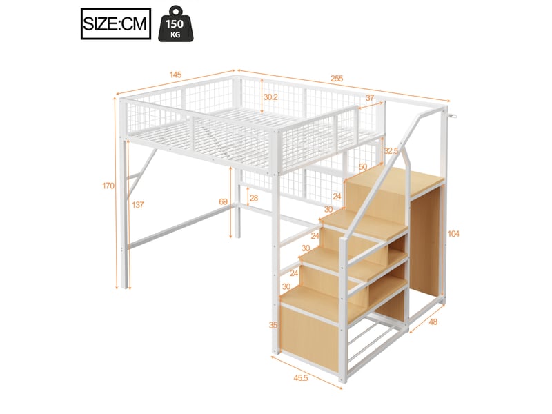  Lit mezzanine enfant et adolescent 140 x 200 cm blanc avec escalier de rangement et led pilotées par application  - Conforama E