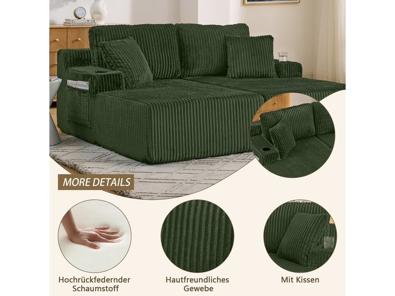  Canapé convertible, canapé-lit – poches latérales, vert, porte-gobelets, 2 places, en velours tricoté  - Conforama R