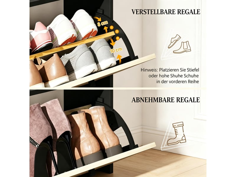  Meuble à chaussures 2 abattants 3 niches noir et effet bois 83x24x90.5 cm  - Conforama E