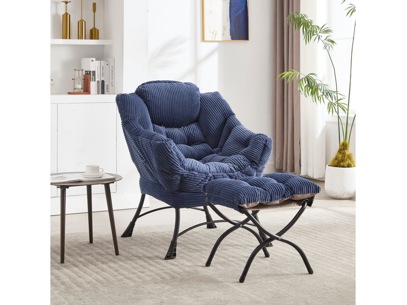  Fauteuil relax avec repose-pieds, accoudoirs et poche latérale, dossier ergonomique en acier et tissu bleu marine  - Conforama E