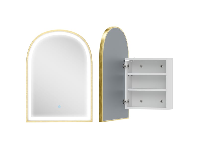  Armoire murale salle de bain avec miroir et éclairage led, porte arquée, anti-buée, doré, 50x14,5x70cm  - Conforama B